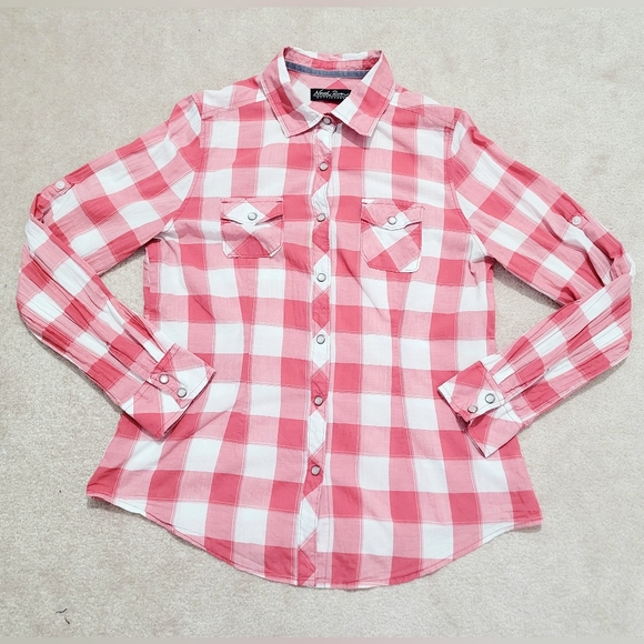 North River Women’s Pearl Snap Western Shirt Medium Pink White Plaid 100% Cotton - Picture 6 of 13
